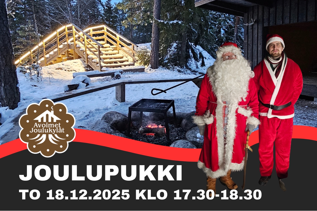 Joulupukki ja tonttu Saukonojan laavulla